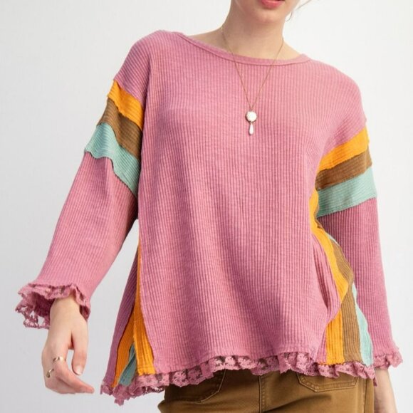 NWT Easel Color Block Rib Knit Top With Lace Bottom Hem In Lipstick Pink Plus & - Picture 1 of 5
